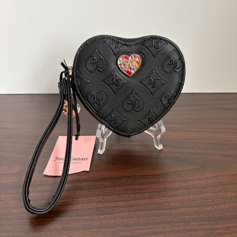 Juicy Couture Glam Heart Zip Wristlet Black Y2K Baddie Soft Goth Coquette Glam